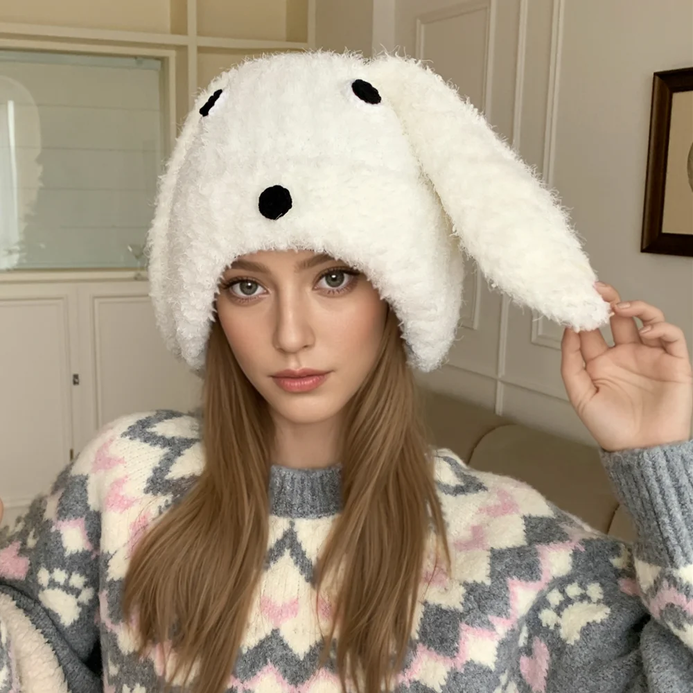 Hot Sale Women Cute Long Ear Plush Fur Warm Winter Hat Trendy Knitted Hat With Earflap Girls Lovely Fashion Hat Dandy Cap