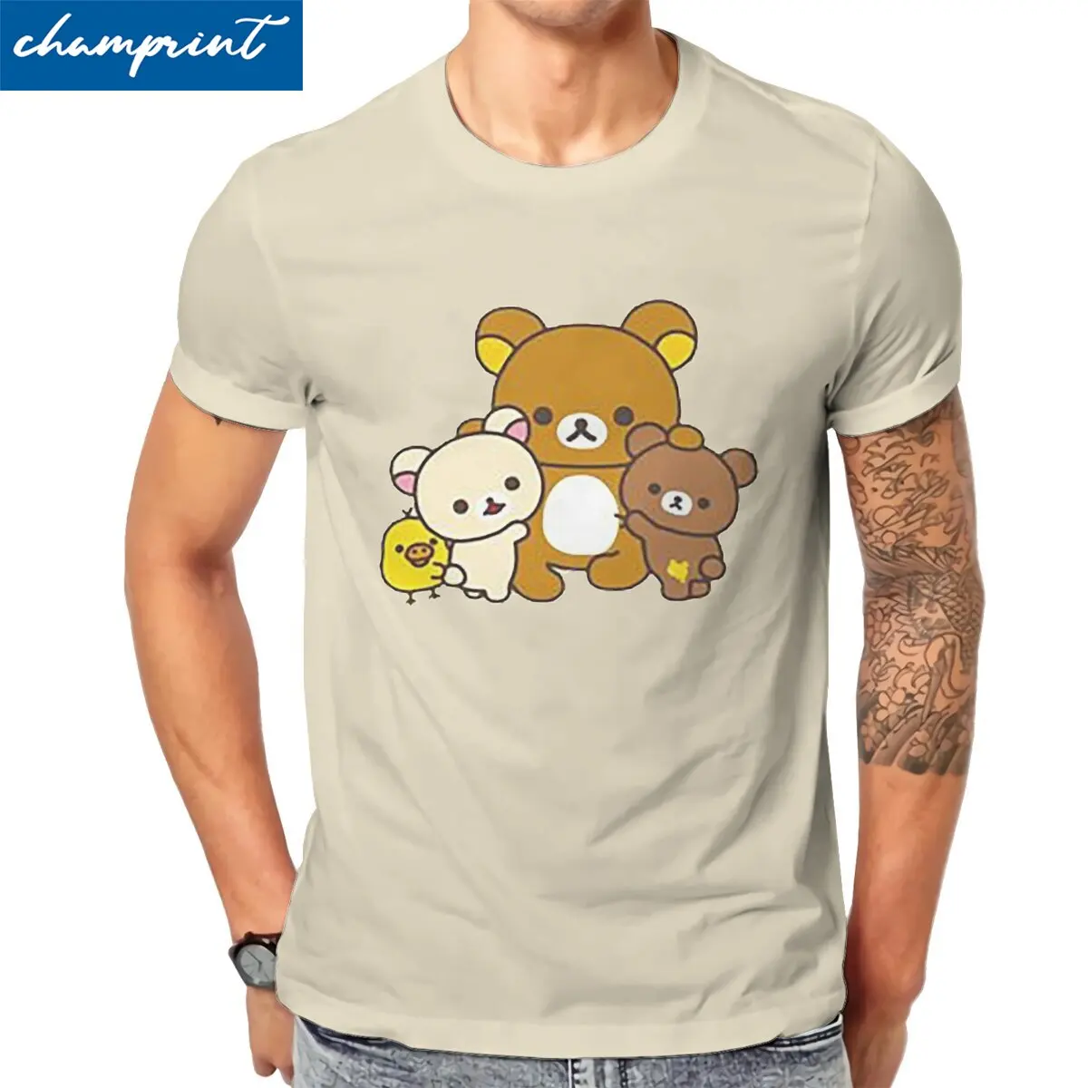 

Хипстерские футболки Rilakkuma, Мужская хлопковая футболка с круглым вырезом, Kawaii Korilakkuma, футболка с коротким рукавом, идея для подарка, топы
