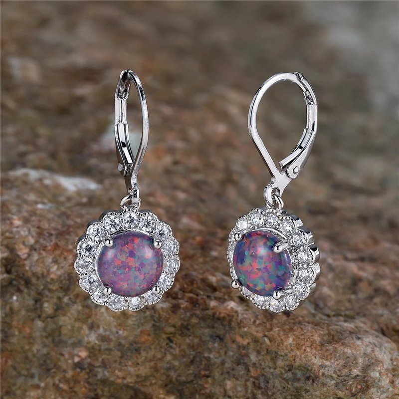Cute White Blue Fire Opal Stone Round Hoop Earrings For Women Charm Female Silver Color Wedding Jewelry Gift