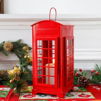 Vintage Candle Holder Lantern Hanging Red Telephone Booth Lantern Decorative Lantern with LED Candle for Garden Party Home Decor