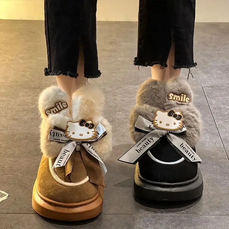 

Anime Cartoon Sanrio Hello Kitty Boots Women's New Plush Cotton Shoes 2023 Winter Cute Fashion Snow Boots Student Bread Shoes