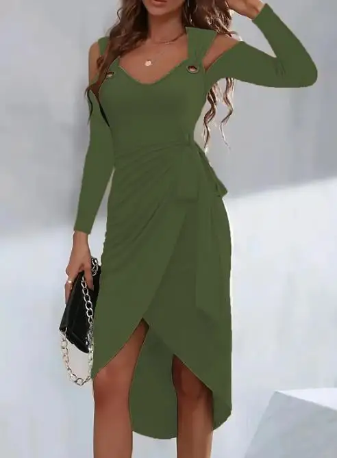 

Dresses Women 2023 Autumn Winter Fashion New Solid Long Sleeve Metal Button V-Neck Lace Up Casual Elegant Dress Female Clothes