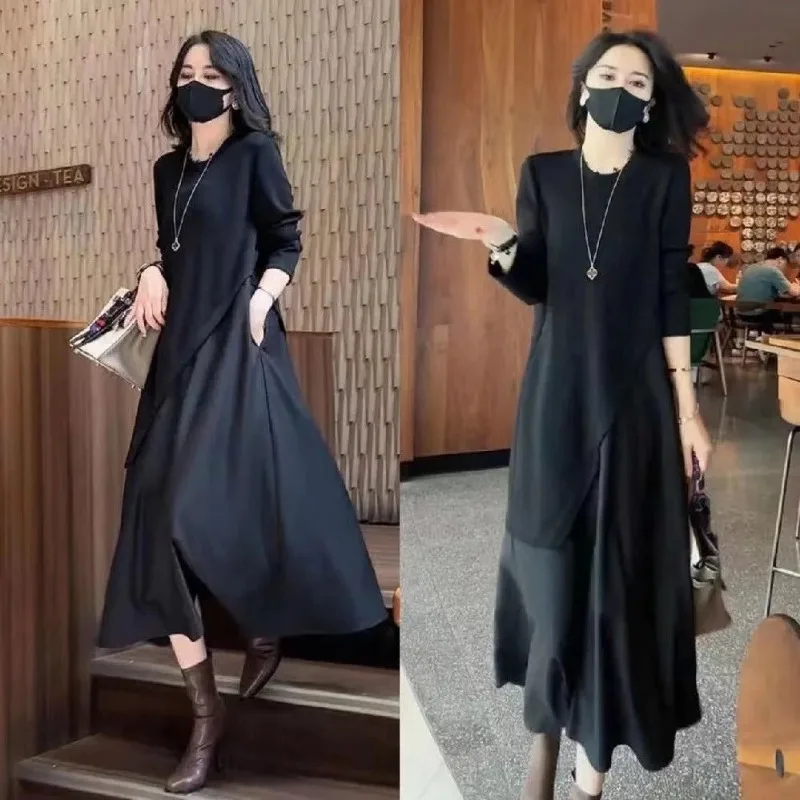 

Pure Black Long Sleeved Patchwork Fake Two-piece Dress for Women's Spring and Autumn Round Neck