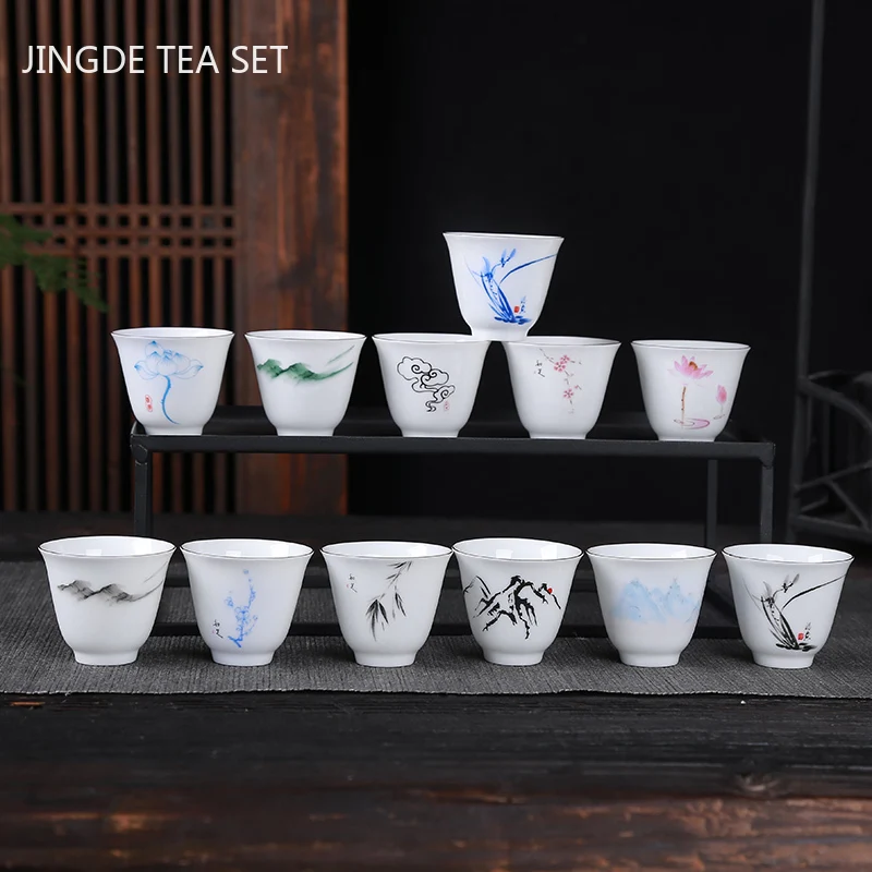 2pcs Hand-painted White Porcelain Thin Tire Tea Cup Jingdezhen Ceramic Teacup Creative Teaware Gifts Home Personal Single Cup