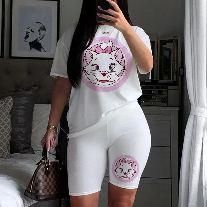 

Two Piece Set Women Tracksuit Casual Summer Short Sleeve T Shirts And Sports Shorts Outfits Fashion Disney Marie Cat Print Sets