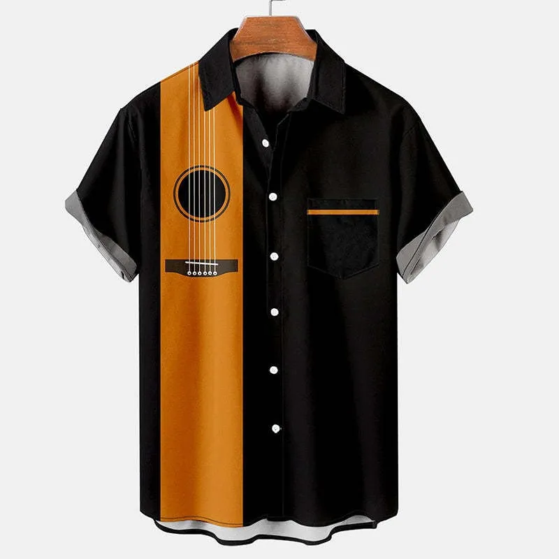 

Men's shirt luxury designer brand guitar and coconut 3D digital printing fun beach casual top short sleeved shirt lightweight