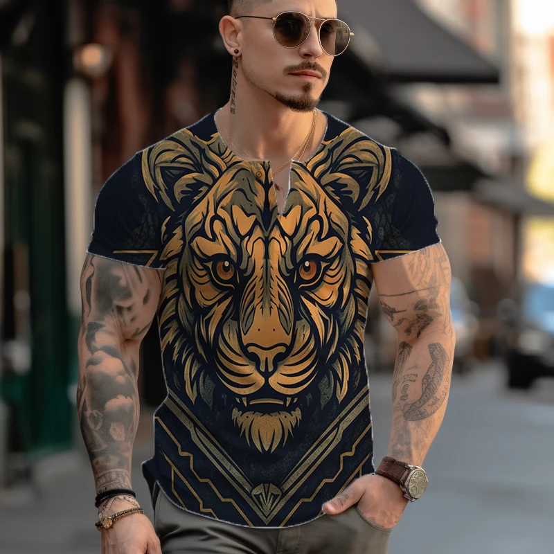 

Летняя футболка с коротким рукавом, простая повседневная футболка, Мужская Уличная мода, футболка с 3D-принтом животного, тигра, топы
