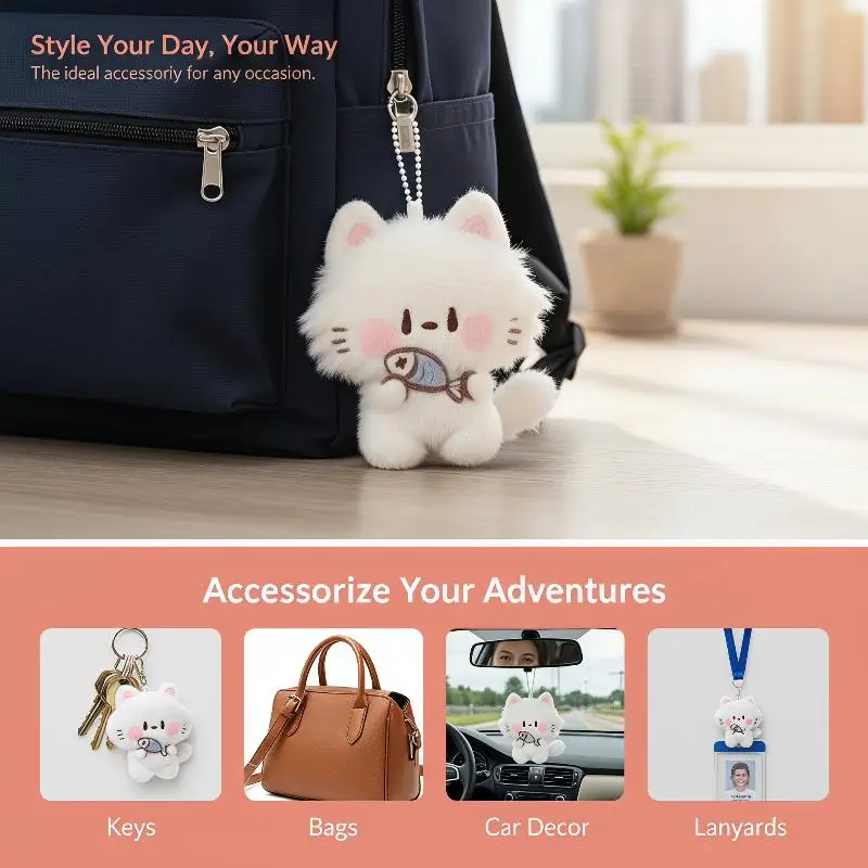 Adorable Fluffy Cat Plush Keychain - Soft Cartoon Pendant