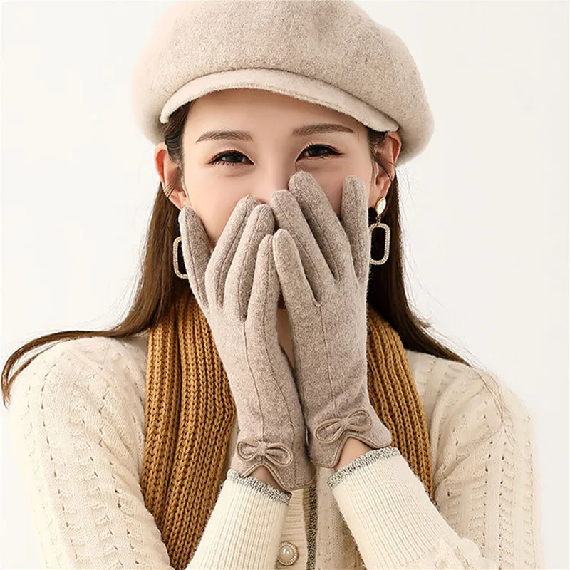 

Женские зимние кашемировые теплые перчатки для сенсорных экранов уличные для верховой езды бархатные плотные шерстяные варежки с бантом на весь палец для вождения
