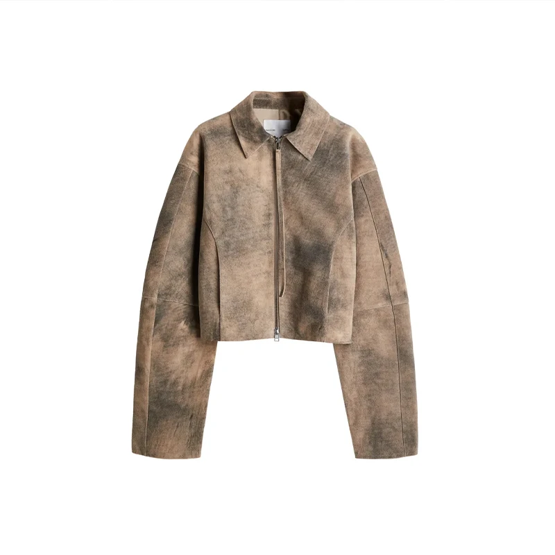 Vintage Gedruckt PU Leder frauen Jacke Lose Revers Patchwork Taschen Kurze Jacken Weibliche 2025, Herbst Mode Dame Outwears – Detail 1