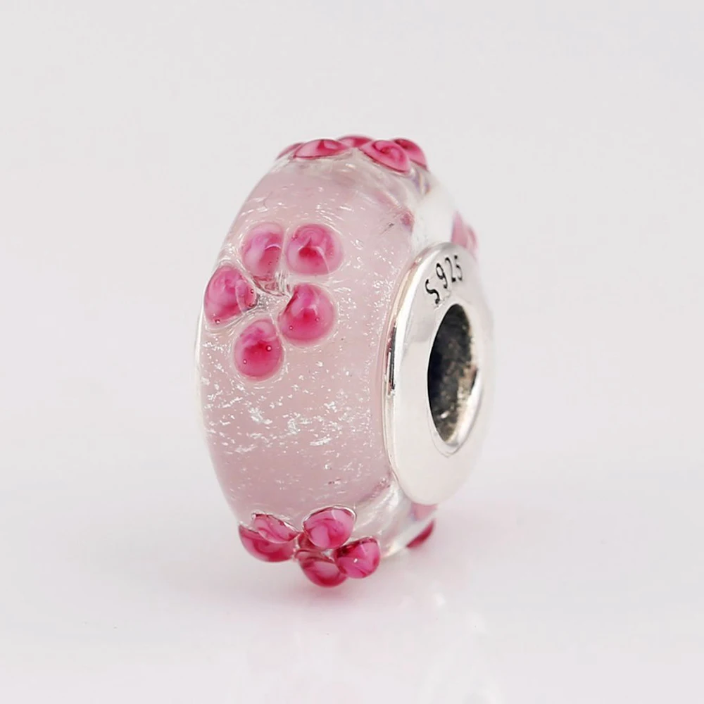 

Authentic 925 Sterling Silver Bead Pink Flower Murano Glass Charm Fit Pandora Women Bracelet Bangle Gift DIY Jewelry