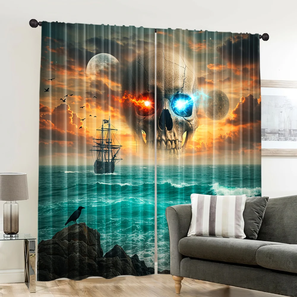 2pcs, spring summer Curtains Strange skeletons floating in stormy seas Sheer Curtains Versatile Polyester Fabric Decorations Use 6