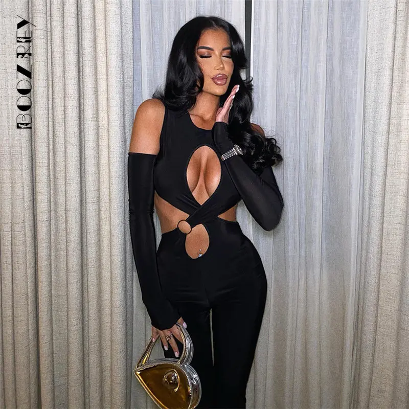 

BoozRey Hollow Out Backless Jumpsuits Women Sexy Off Shoulder Long Sleeve Cleavage Body-Shaping Overall Female Clubwear Outfit