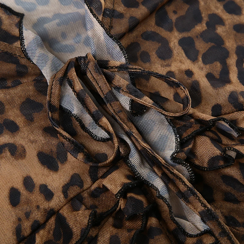 Leopard Print Lace-Up Blouse Shirts Women Semi-Sheer Mesh Elegant Fashion Sexy Flared Sleeve Ruffled Cardigan Tops