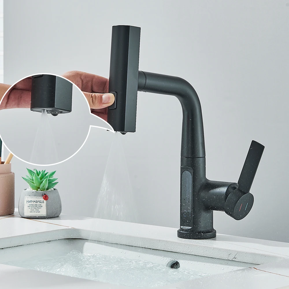 Bathroom Faucet Waterfall Temperature Digital Display Basin Faucet Lift Up Down Stream Sprayer Hot Cold Water Sink Mixer Wash Tap