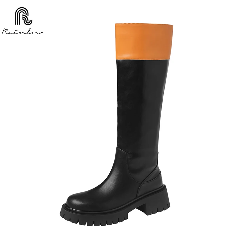 RAINBOW Size 33-40 Fashion Women Leather Knee High Boots Classic Style INS Riding Quality Mixed Color Thick Heels Autumn Winter