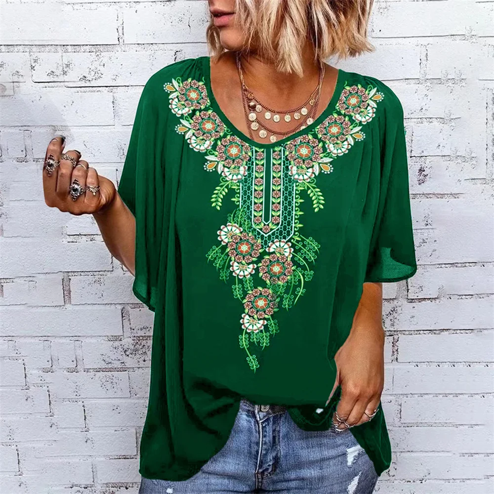 2022 Summer Women New Vintage Ethnic Printed Ruffle Sleeve Round Neck T-Shirt Ladies Casual Loose Street T-Shirt Tops