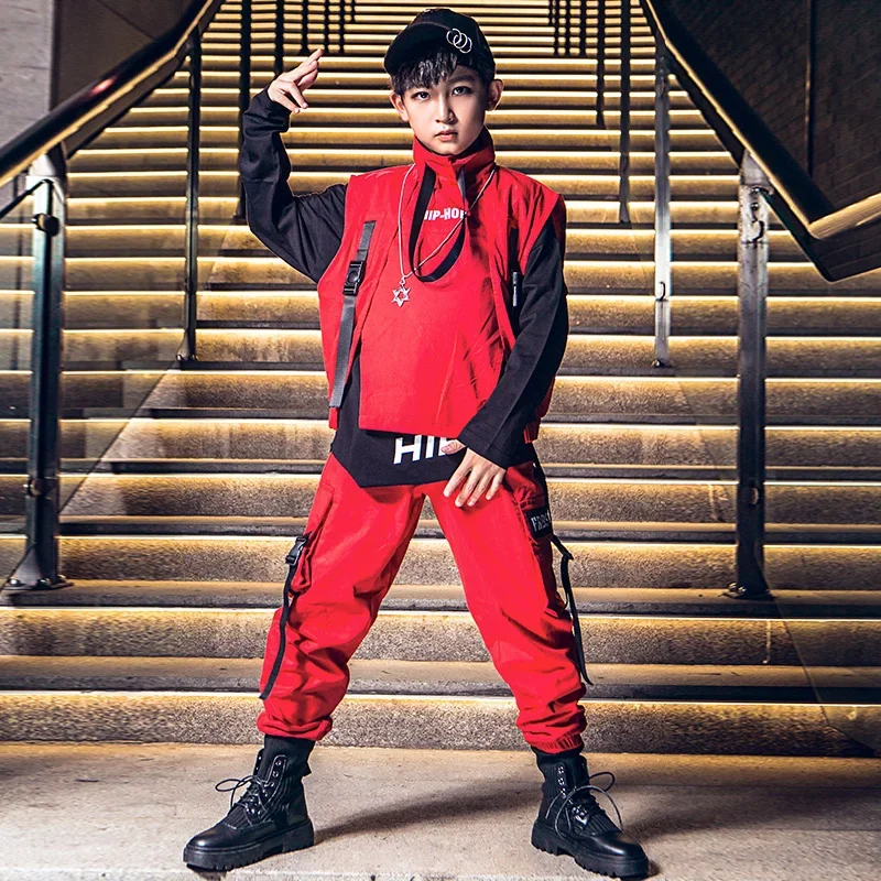 

Kids Street Dance Stage Performance Red Outfits Hip Hop Suit Teen Catwalk Show Clothing Boys Girls Jazz Costumes