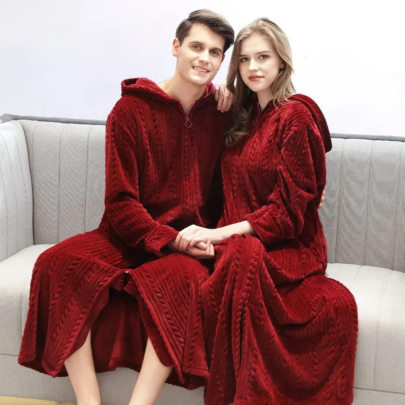 Autumn Winter Fashion Zipper Hooded Bathrobe Men Flannel Warm Thicken Long Kimono Dressing Gown Loose Robes for Women Sleepwear