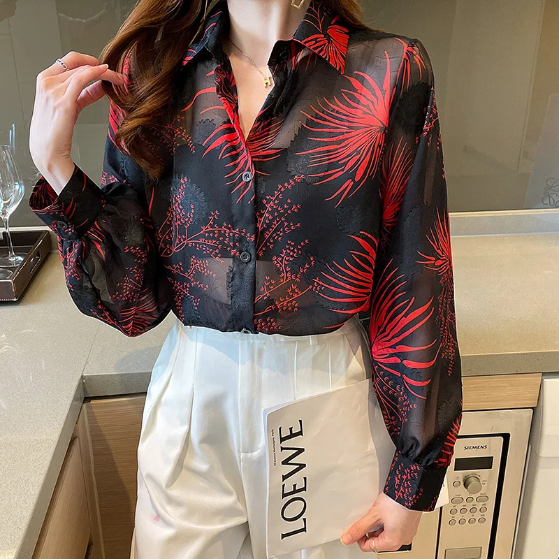 2023 Spring New Designer Jacquard Cut Micro Perspective Shirt Women's Sunscreen Clothes Thin Silk Girl Top