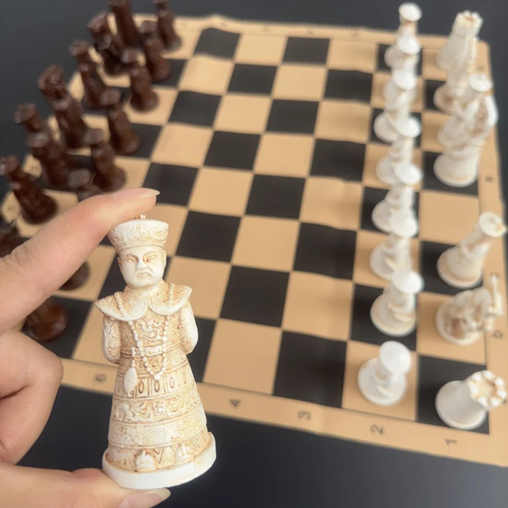 Free Shipping Big Vintage Chess 3d Qing Army Pieces Leather Chessboard Gypsum + Resin Pieces Game Box 40*19cm/15.7*7.5 Inch 4