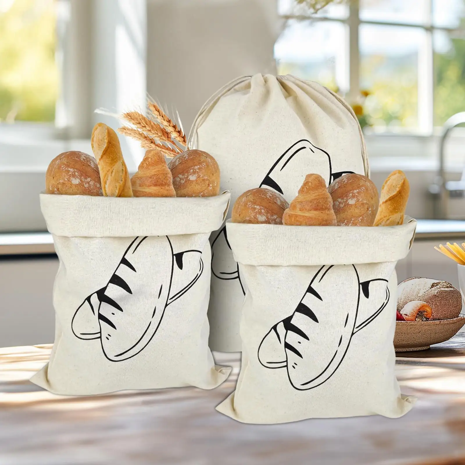 3 Pieces Bread Bags Linen Bags Kitchen Accessories with Drawstring Totes for Household Cafe Family Gatherings Bakery Kitchen