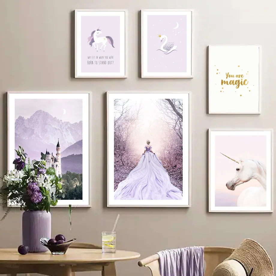 Castle Princess Unicorn Swan Purple Dream Quote Wall Art Canvas Painting Nordic Poster E Stampe Immagini A Parete Girl Room Decor