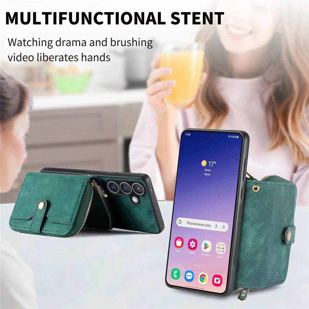 Leather Phone Cover with Zipper Wallet and Lanyard Stand Feature