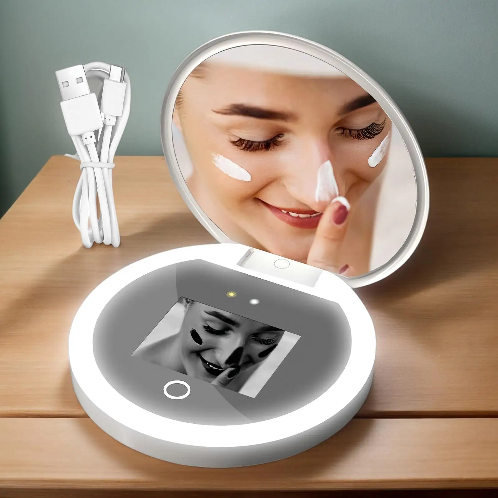 UV Mirror Sunscreen Testing Camera With Light 2X Magnification Travel Makeup Pocket Size UV Smart Sunscreen Makeup Mirror