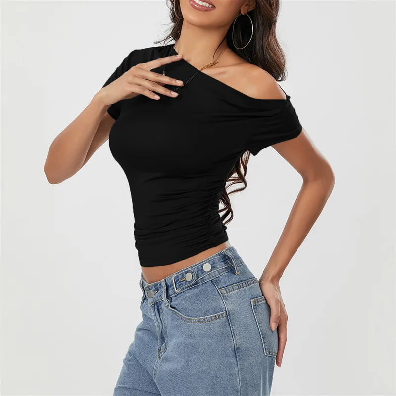 Top corto Y2K para mujer, ropa grunge de verano, camiseta fruncida sin mangas con hombros oblicuos, chaleco, ropa de calle de los años 2000