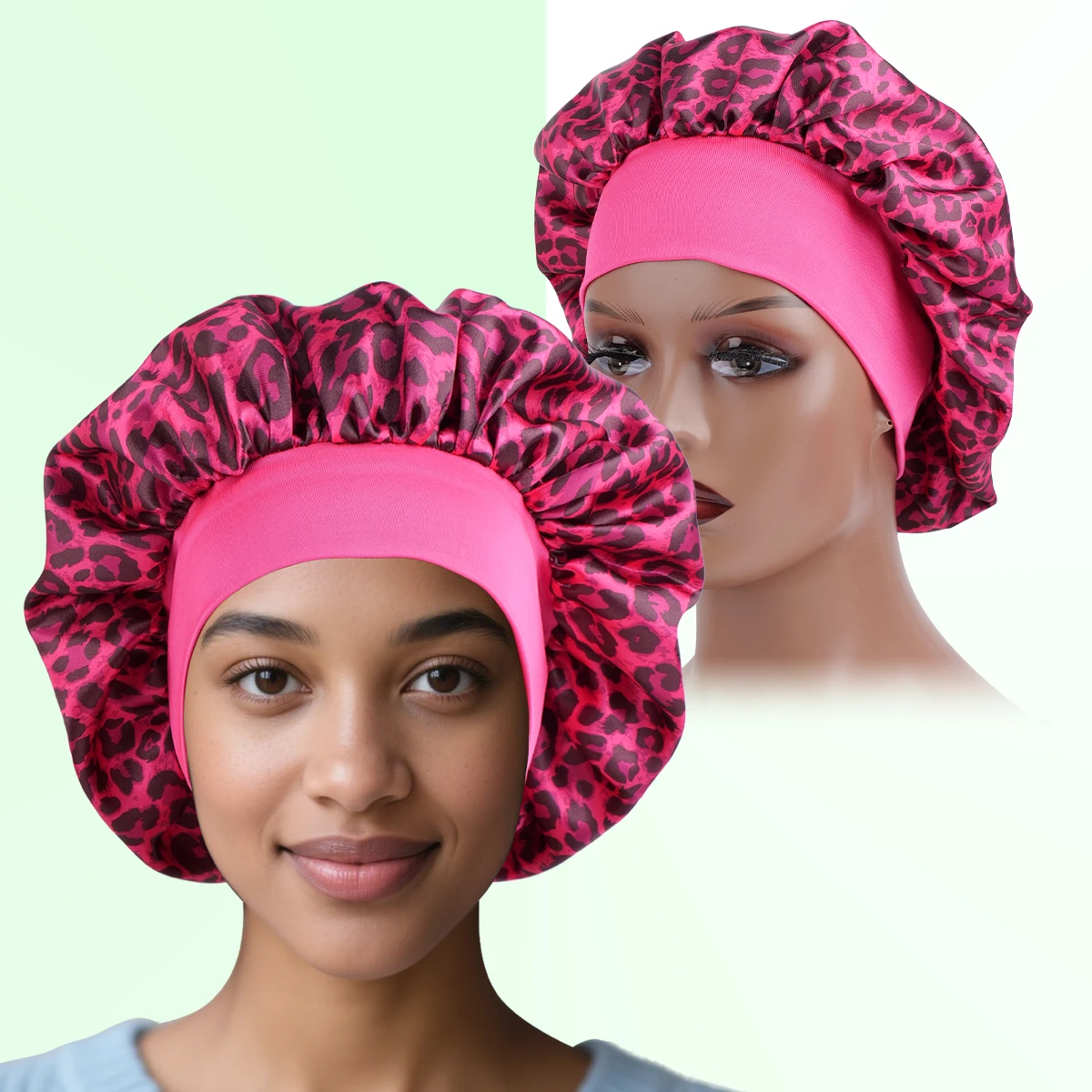 Damen-Schlafhaube aus Satin mit Leopardenmuster, einlagige Schlummertrunk für die Haarpflege, unverzichtbare Schlafzeitroutine, 1er-Pack – Detail 14