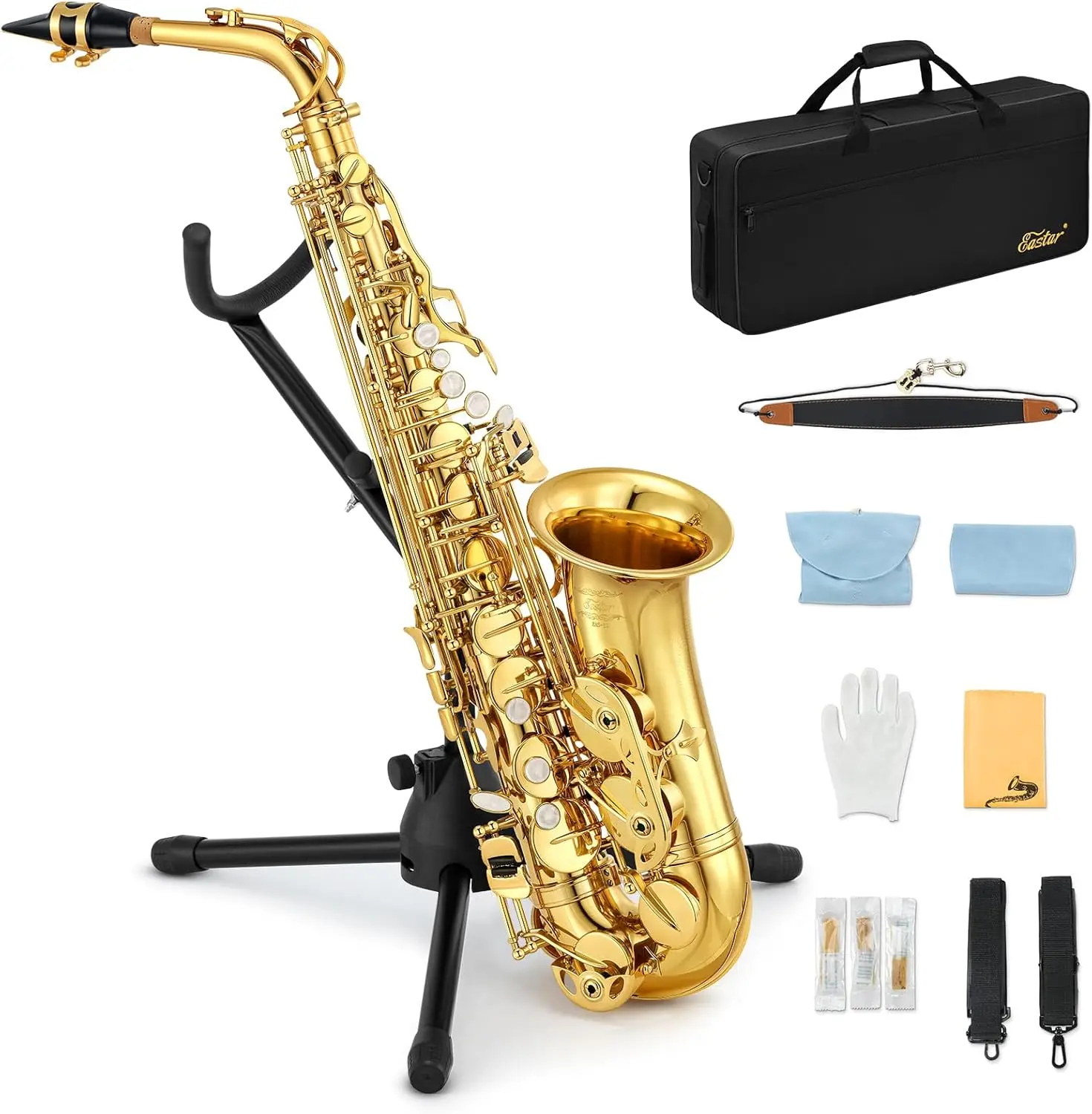 AS-Ⅱ Student Alto Saxophone E Flat Gold Lacquer Alto Beginner Sax Full Kit With Carrying Sax Case Mouthpiece Straps Reeds