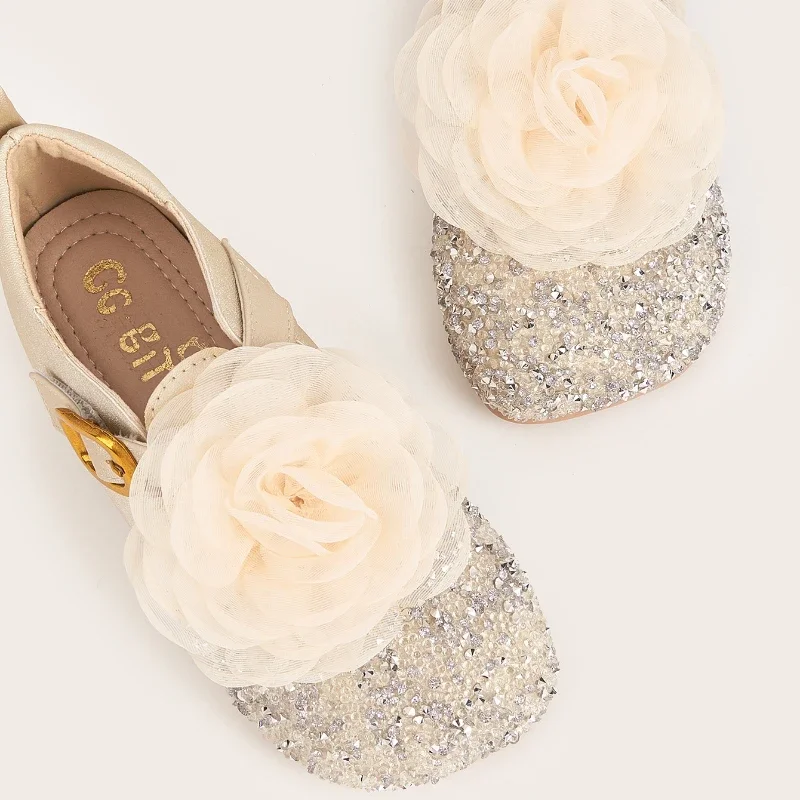 2025 New Fashion Flower Rhinestone Children's Leather Shoes Soft Soled Girls' Princess Shoes Fashion Flats 3-10 Years Old 4