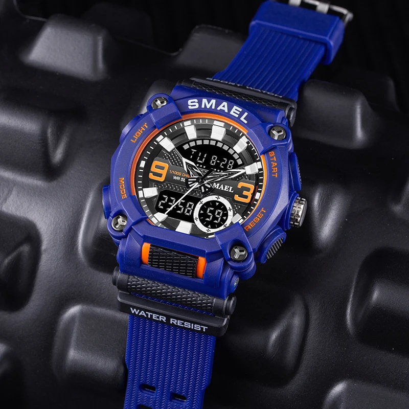 SMAEL Sport Watch For Men Waterproof 50M LED Chronograph Electronic Clock Dual Time Zone Quartz Military Wristwatches 8052