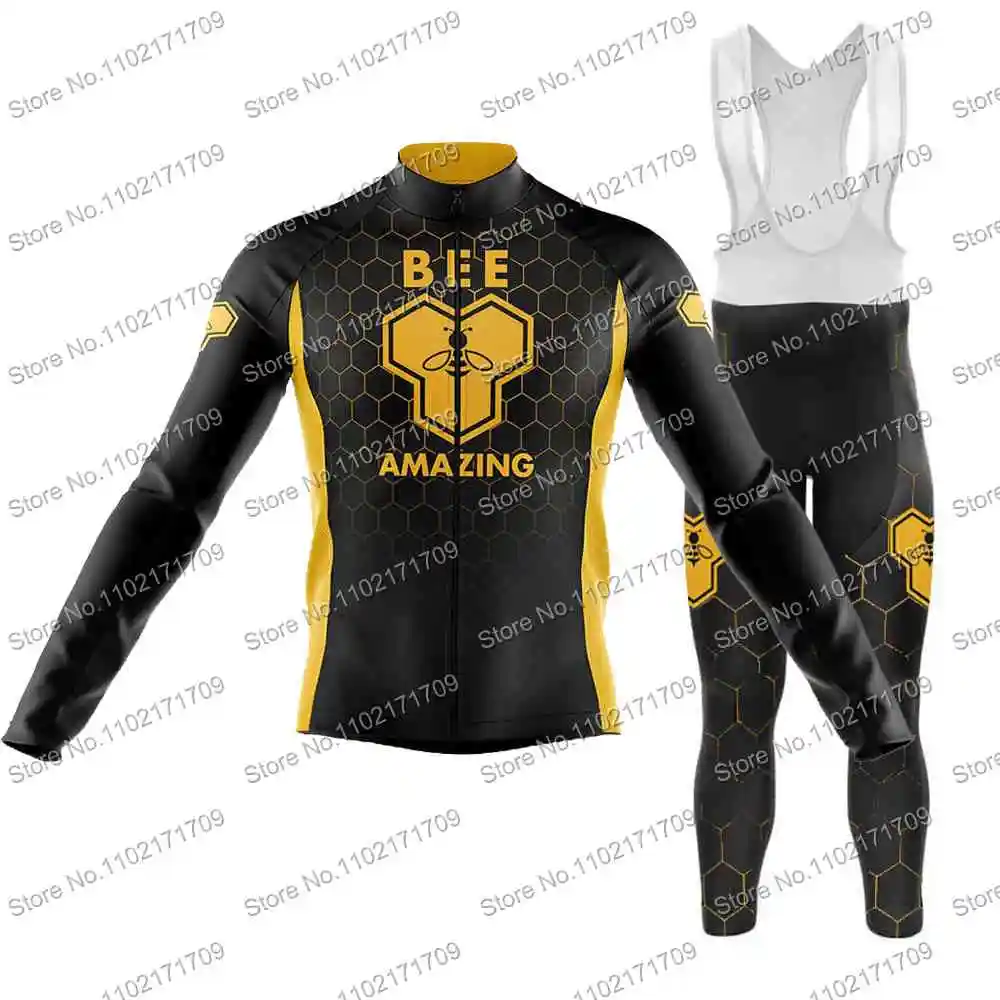 Retro Bee Amazing Mens Funny Cycling Jersey Set Long Sleeve Pro Team Bicycle Clothing Road Race Bike Shirt Suit MTB Bicycle Pant