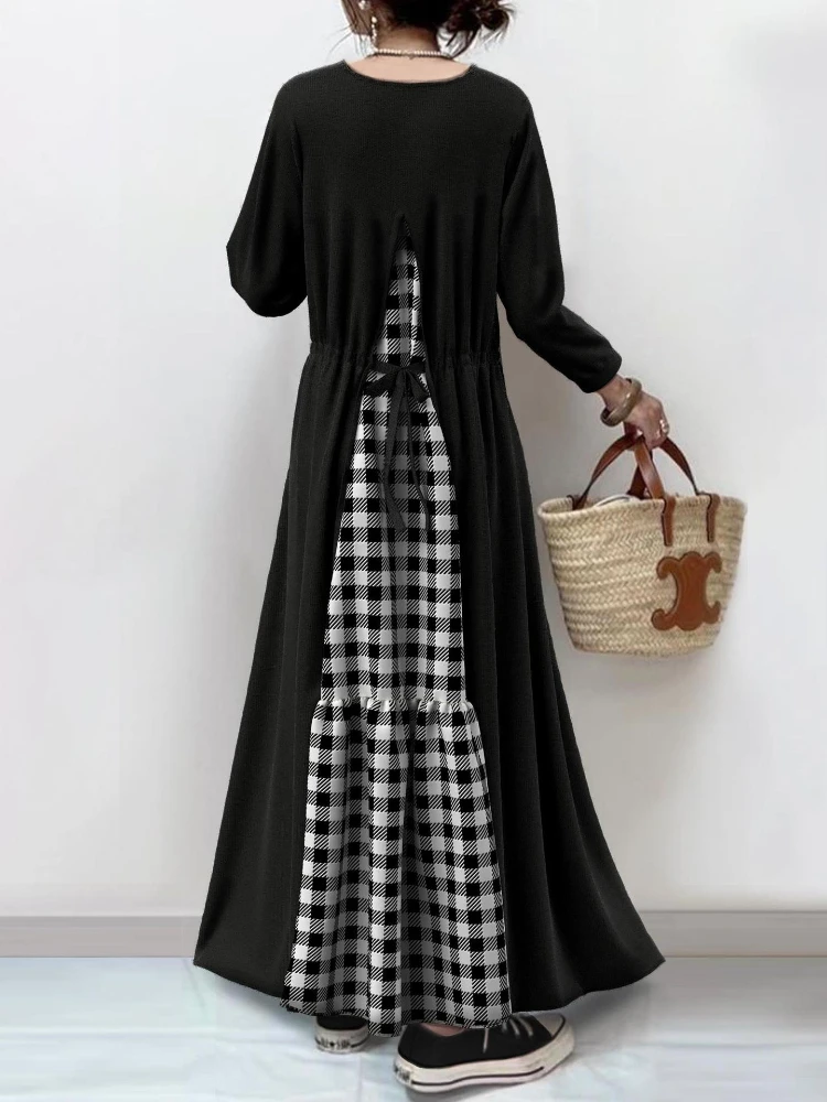 Spring Summer Elegant Dresses for Women 2023 V-neck Long Sleeve Belt Plaid Dress Loose Robe Streetwear Long Dresses for Women