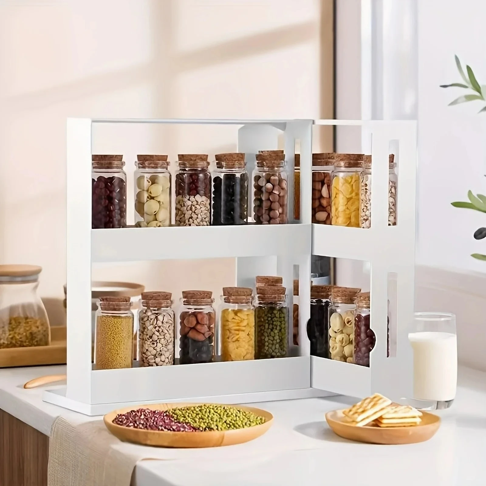 1 PC spice storage rack,90 degree swivel item storage rack, countertop 2 tier storage rack,small storage and organizer rack 5