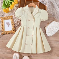 Robe décontractée pour fille à manches bouffantes, col en V, couleur unie, double bouton, bouton perlé 1