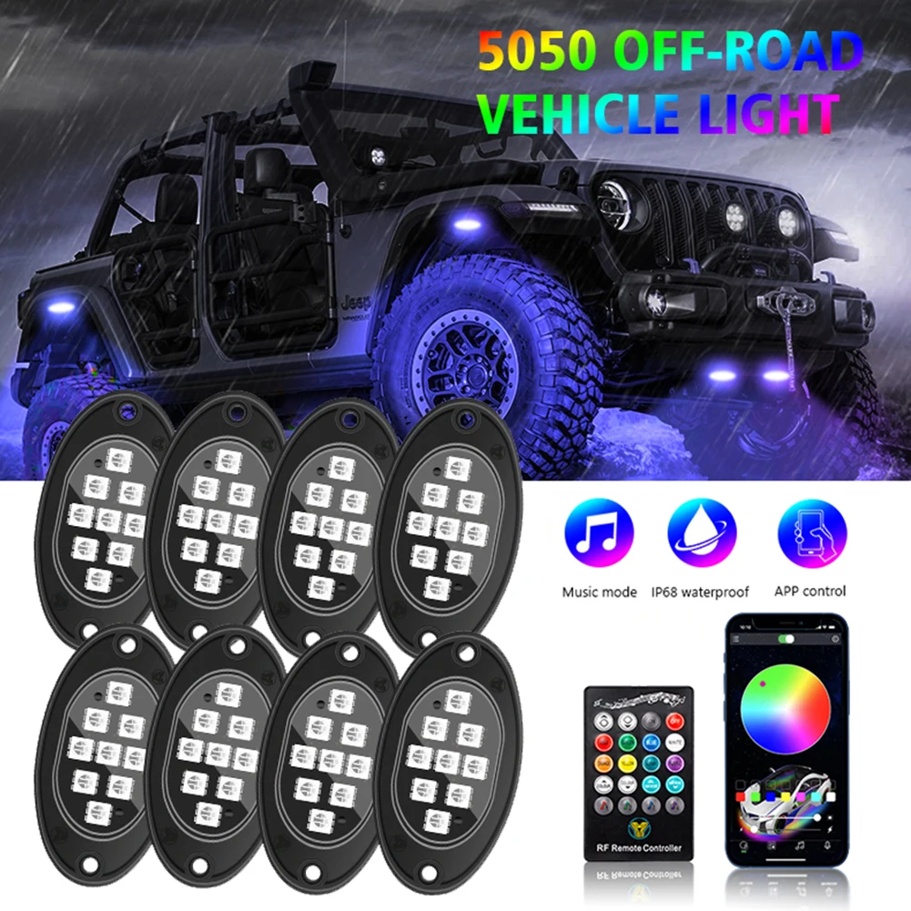 

4/6/8/10/12 Pods Car LED Rock Lights Music Mode APP Remote Control Neon Underglow Lighting Decorative Kit For Off-Road SUV ATV