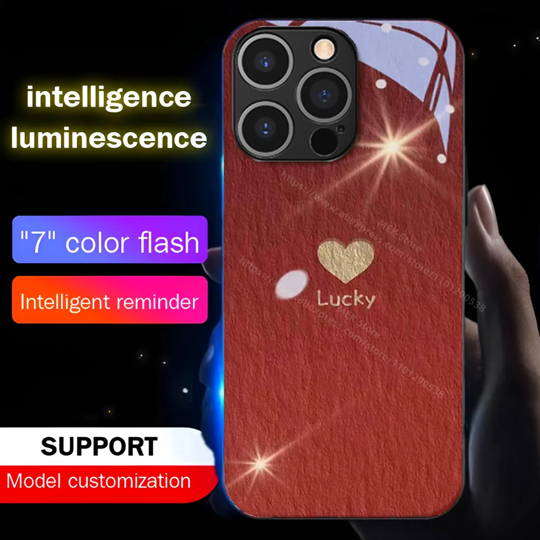 Red Lucky Love Heart Sound Control LED-Blitzgehäuse, leuchtende Glasabdeckung für Samsung S25 S24 S23 S22 S21 S20 FE Note 20 Plus Ultra