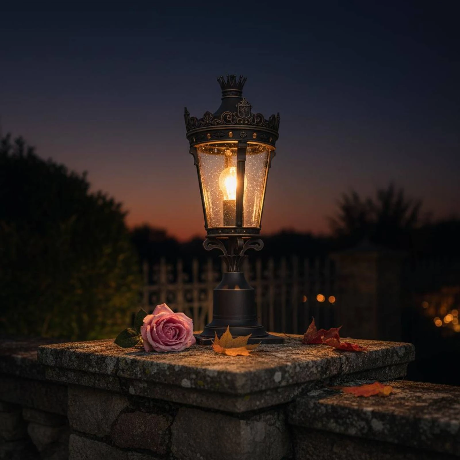 Outdoor Post-Top Lamp Crown-Like Finial Courtyard Wall Lamp Outdoor Post Lantern Ornate Trim Pier Mount Light Clear Glass Panels