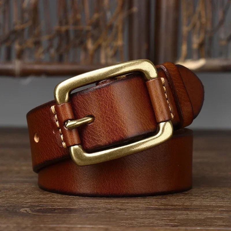 3.8CM Pure Cowhide High Quality Genuine Leather Belts for Men Brand Strap Male Brass Buckle Fancy Vintage Jeans Cowboy Cintos