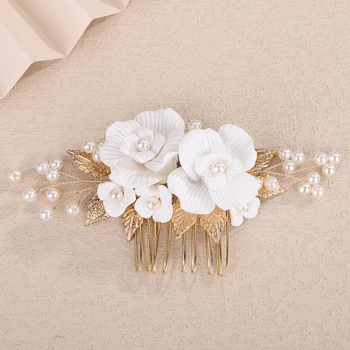 Women Flower Bridal Hair Comb Wedding Hair accessories Jewelry Pearl Handmade Party Hair Clip Comb for Women Silver Headpiece