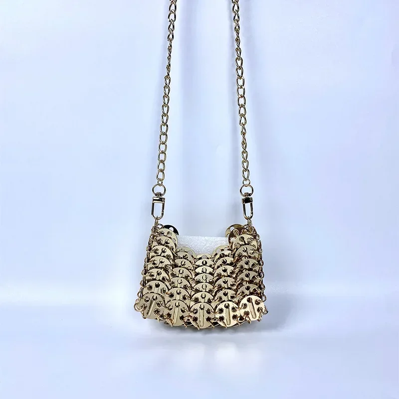 Fashion Hand Woven Mini Metal Sequins Chain Crossbody Bag Gold Silver Shiny Hollow Out Evening Bag Small Lipstick Clutch Bag