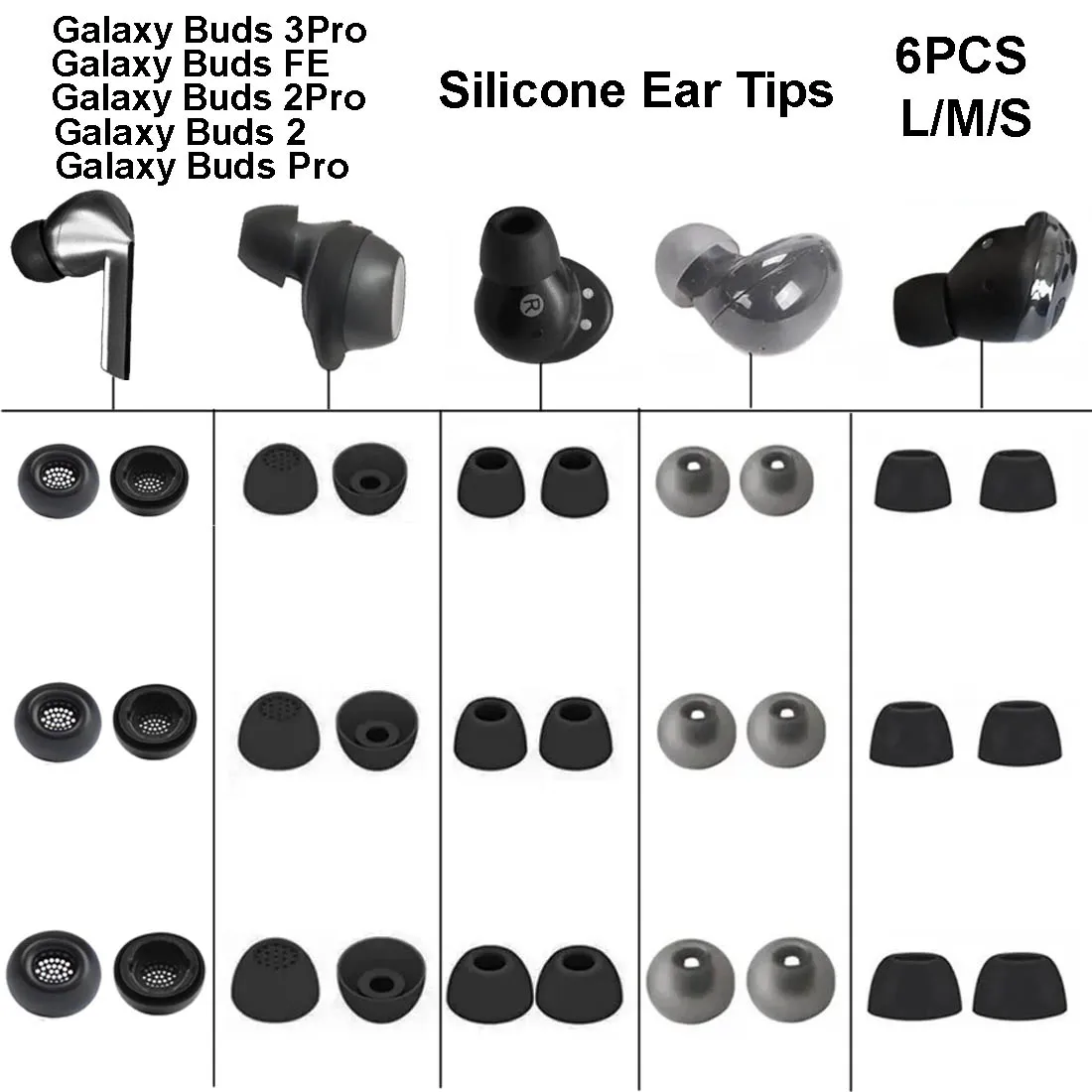 6PCS Silicone Ear Tips for Samsung Galaxy Buds 3 Pro / 2 Pro / Pro / FE / Galaxy Buds 2 Eartips Ear Pads Caps Case