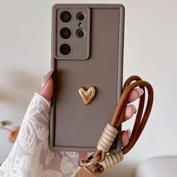 Elegant 3D Gold Heart Love Wrist Strap Phone Case for Galaxy A51 4G (Brown)