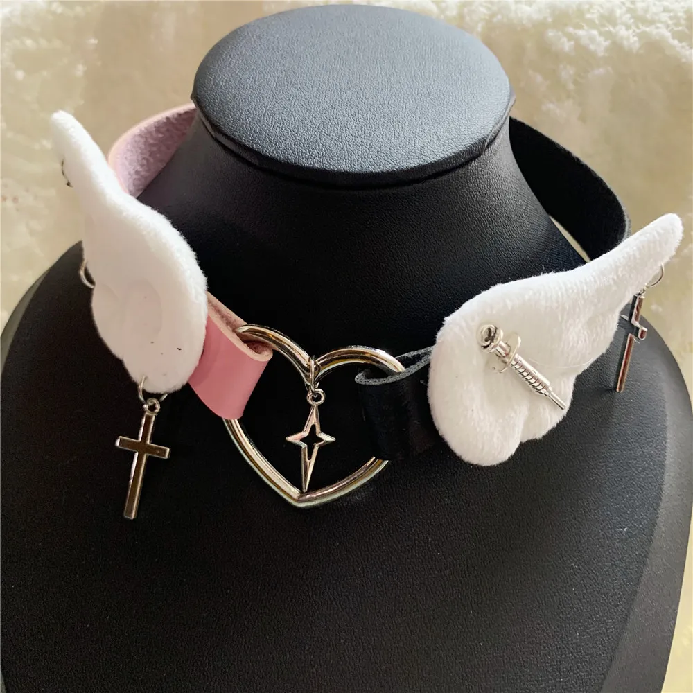 Grunge Jewelry Pink Wings Cross Choker Cosplay Sexy Accessory Harajuku Heart Pendant Necklace for Women Korean Fashion Necklace women jewelry