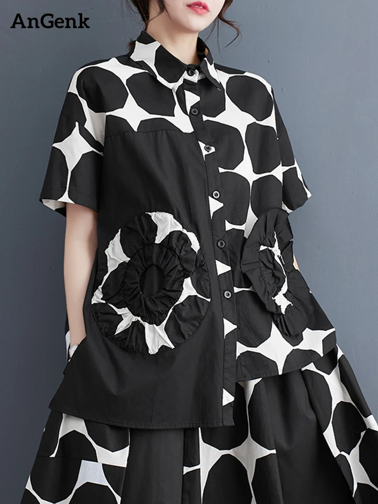 Irregular Polka Dot Print Spliced Vintage Shirt Women Short Sleeve Loose Casual Blouse Top Fashion Clothing New Summer 2025
