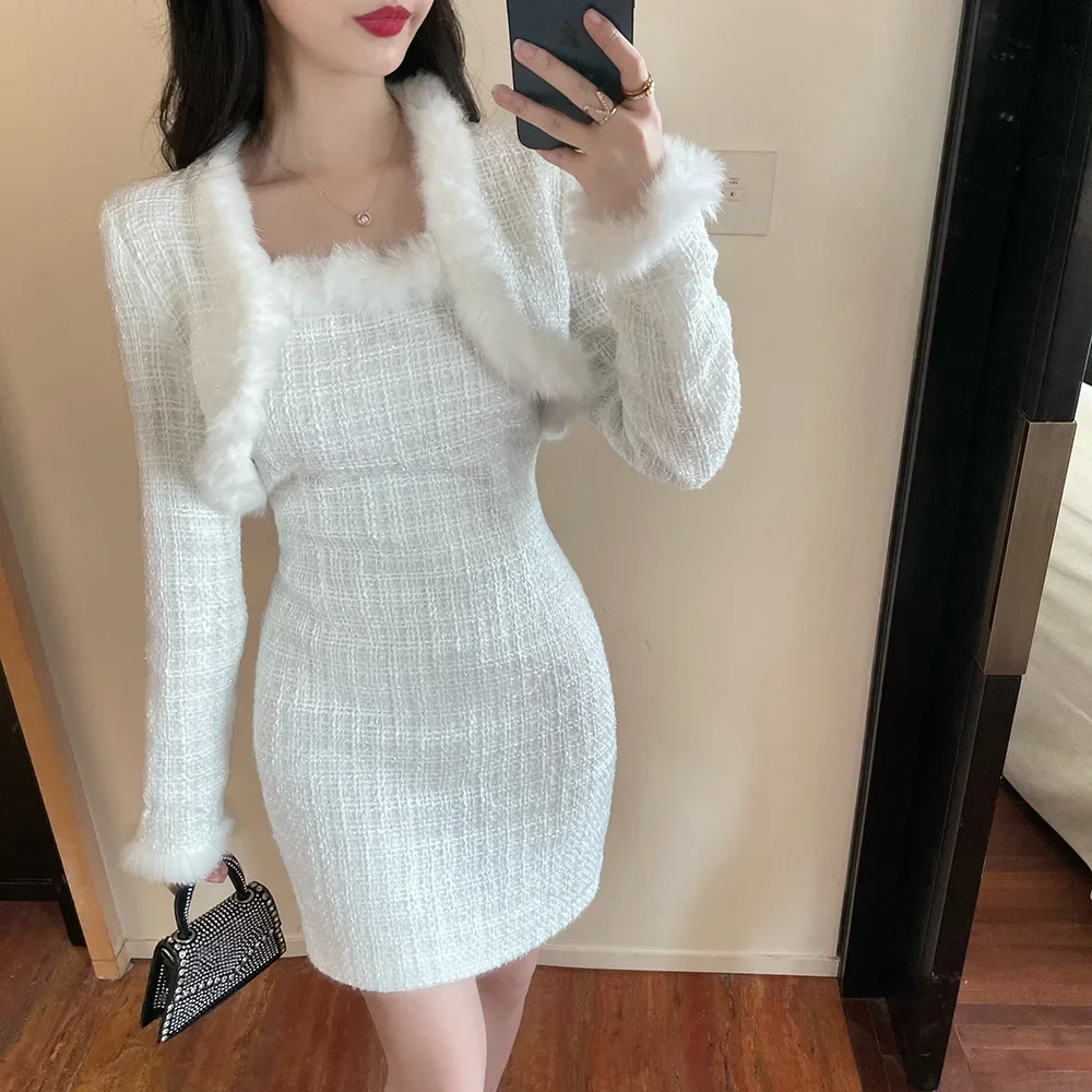 Two Piece Set,Fur Outfit and Dress,Women Lattice Tweed Suit.Fall Clothing elegant korean coat cardigan strap dresses y2k luxury