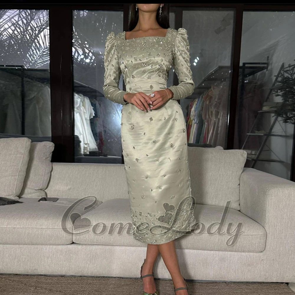

Comelody Vintage Square Collar Prom Evening Party for Women Crystals Long Sleeves Formal Gown Satin Ankle Length De Fiesta